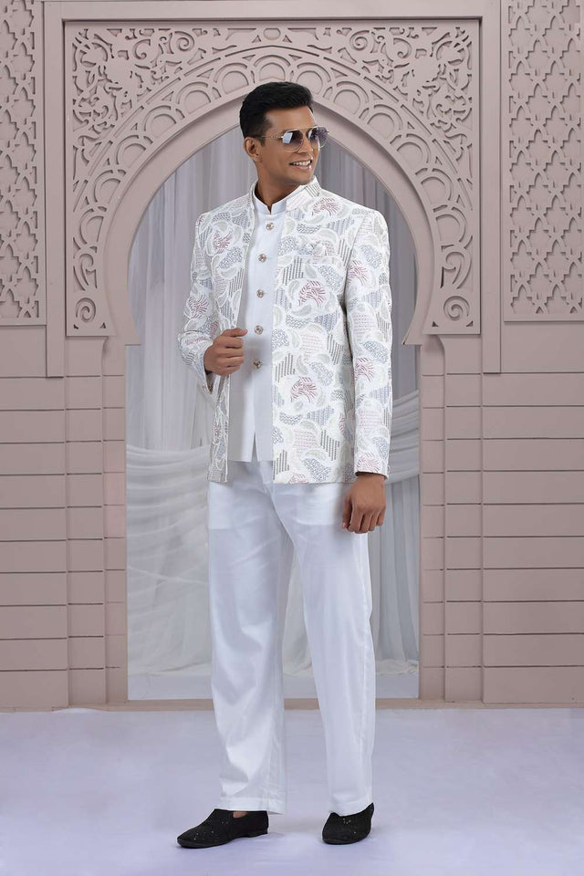 Men's Cream Embroidered Art Silk Jodhpuri (Jacket Only)