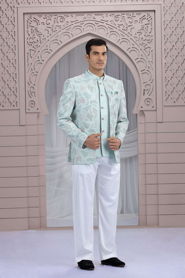 Men's Green Embroidered Art Silk Jodhpuri (Jacket Only)