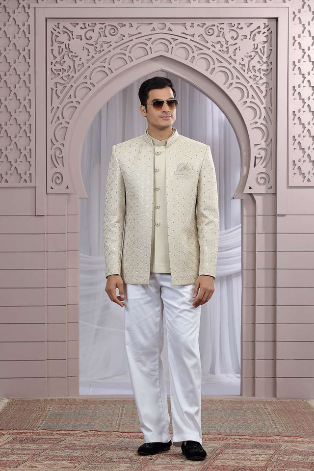 Men's Beige Embroidered Art Silk Jodhpuri (Jacket Only)