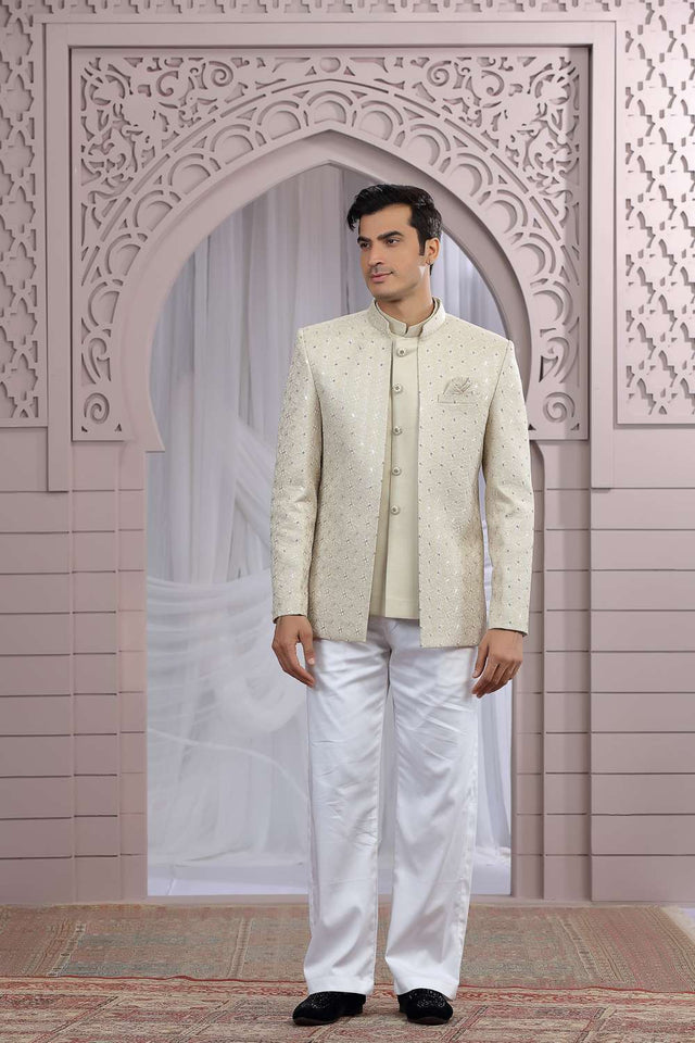 Men's Beige Embroidered Art Silk Jodhpuri (Jacket Only)