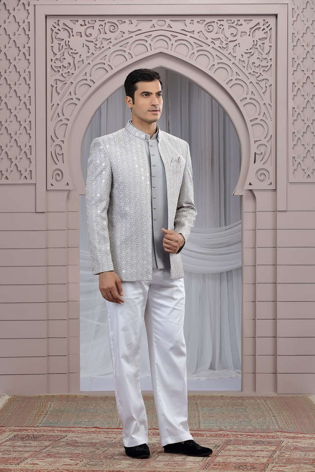 Men's Grey Embroidered Art Silk Jodhpuri (Jacket Only)
