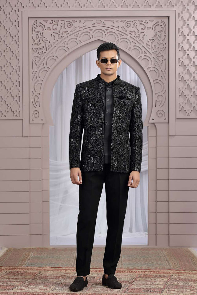 Men's Black Embroidered Velvet Jodhpuri (Jacket Only)