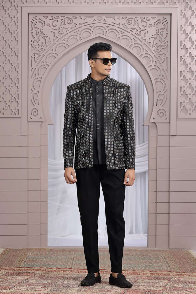 Men's Black Embroidered Art Silk Jodhpuri (Jacket Only)