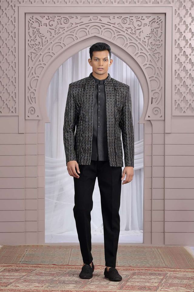 Men's Black Embroidered Art Silk Jodhpuri (Jacket Only)