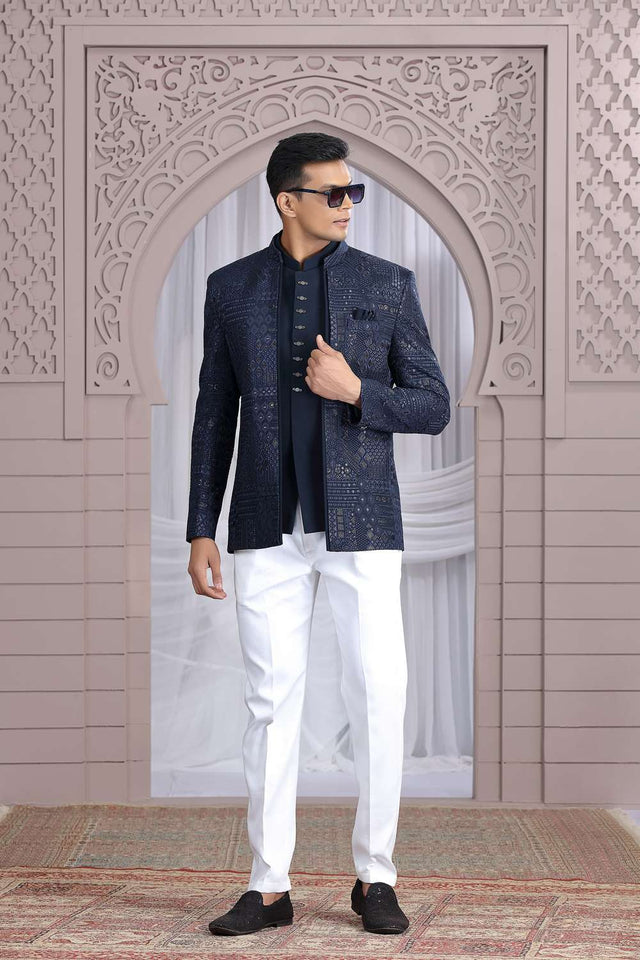 Men's Navy Blue Embroidered Art Silk Jodhpuri (Jacket Only)