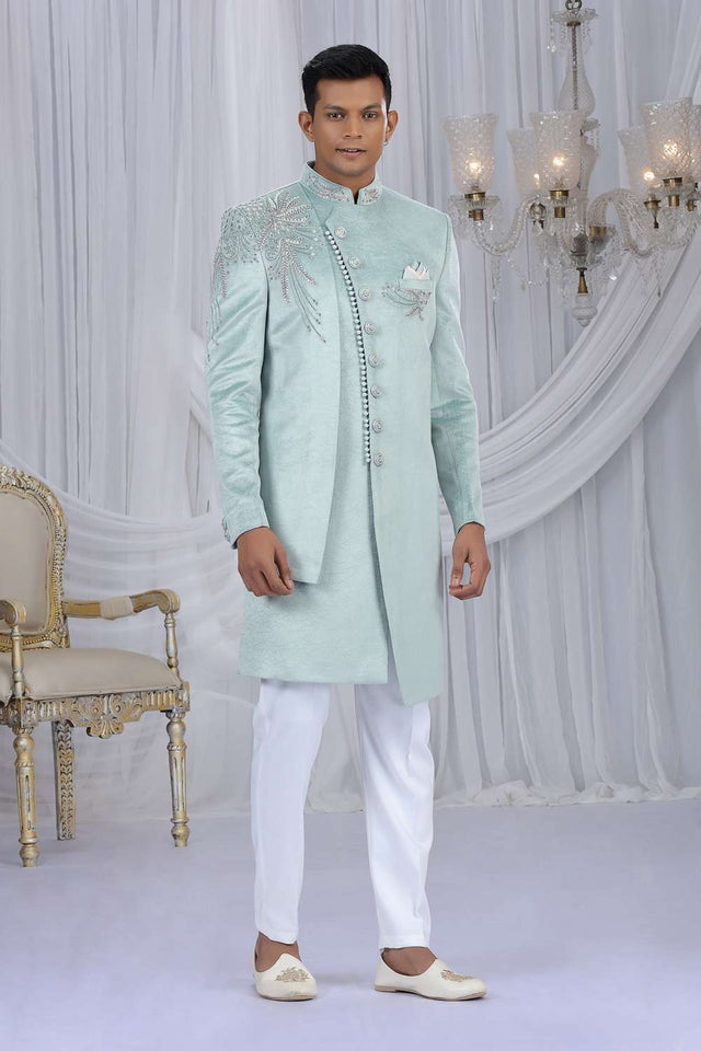 Men's Green Embroidered Velvet Sherwani Sets