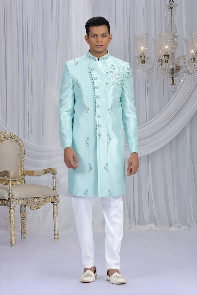 Men's Green Embroidered Art Silk Sherwani Sets