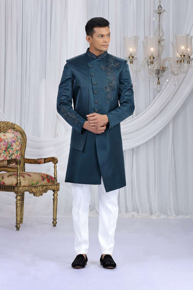 Men's Teal Blue Embroidered Art Silk Sherwani Sets