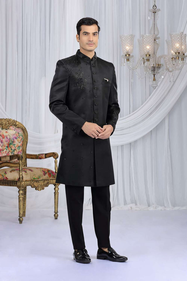 Men's Black Embroidered Art Silk Sherwani Sets
