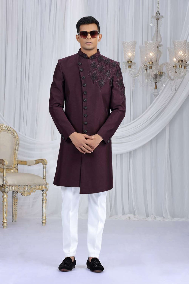 Men's Wine Embroidered Art Silk Sherwani Sets