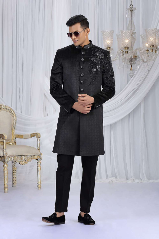 Men's Black Embroidered Velvet Sherwani Sets
