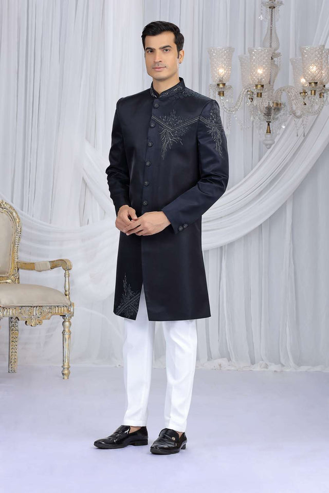 Men's Navy Blue Embroidered Art Silk Sherwani Sets