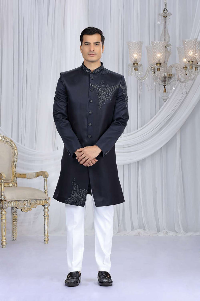 Men's Navy Blue Embroidered Art Silk Sherwani Sets