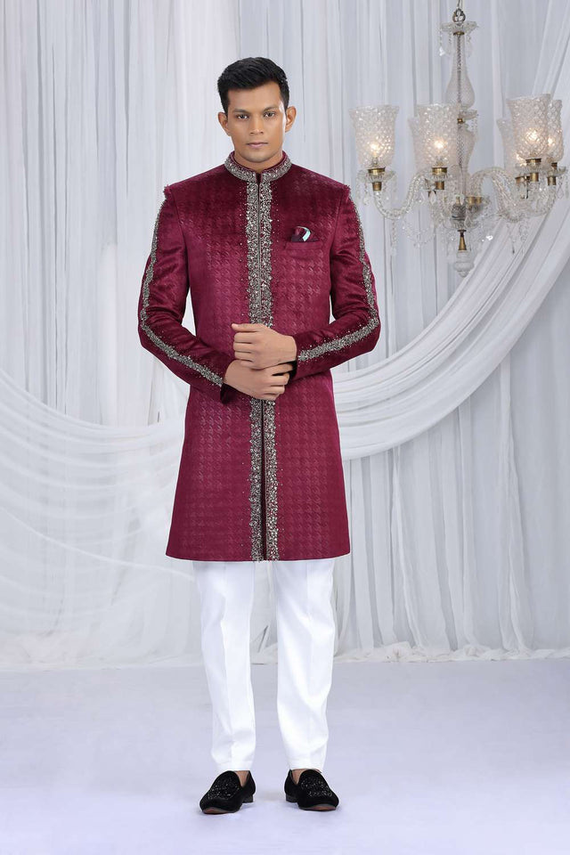Men's Wine Embroidered Velvet Sherwani Sets