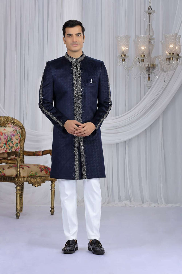 Men's Navy Blue Embroidered Velvet Sherwani Sets