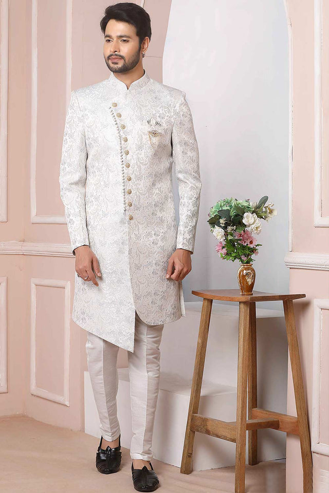 White Jacquard Indo-Western Sherwani Set - 38