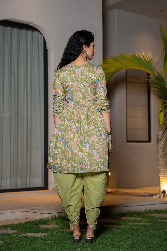 Green Floral Print Sequins Work Pure Cotton Kurti Pant Set