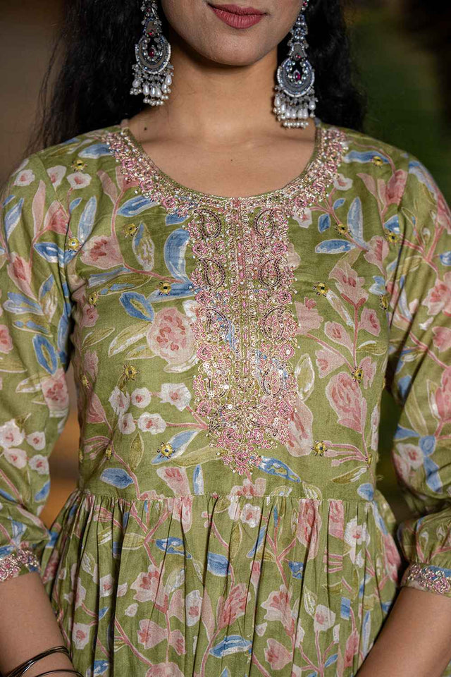 Green Floral Print Sequins Work Pure Cotton Kurti Pant Set