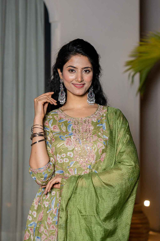 Green Floral Print Sequins Work Pure Cotton Kurti Pant Set
