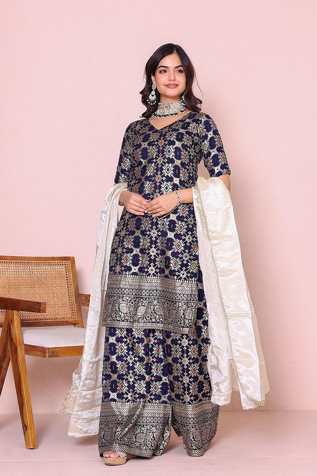 Blue Ethnic Motifs Woven Banarasi Kurti Palazzo Set (16Bluebanarsi)