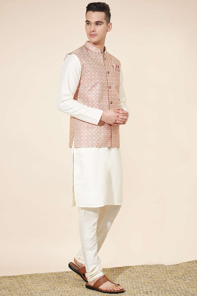 White Embroidered Silk Kurta Pajama Koti Set