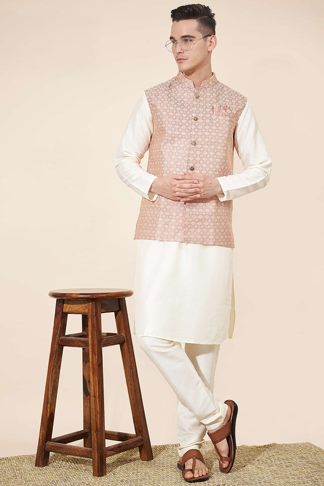 White Embroidered Silk Kurta Pajama Koti Set
