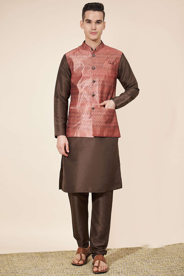 Brown Embroidered Silk Kurta Pajama Koti Set