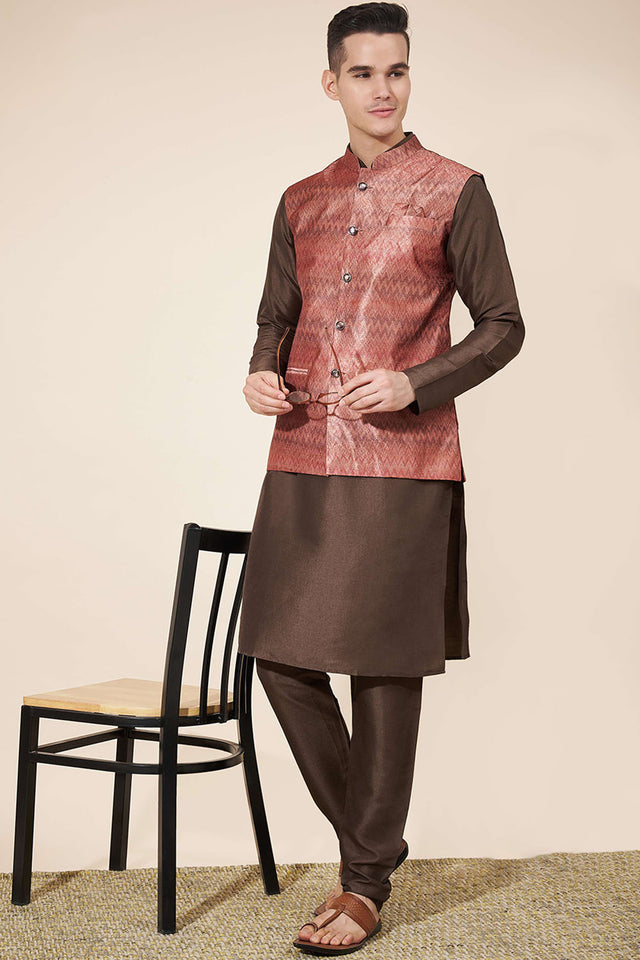 Brown Embroidered Silk Kurta Pajama Koti Set