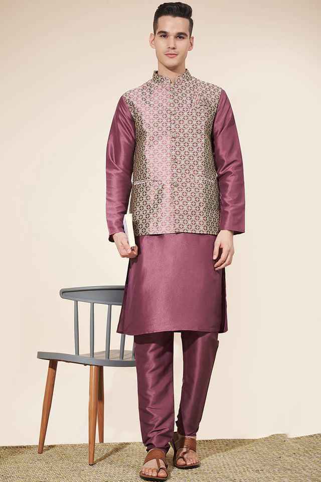 Pink Embroidered Silk Kurta Pajama Koti Set