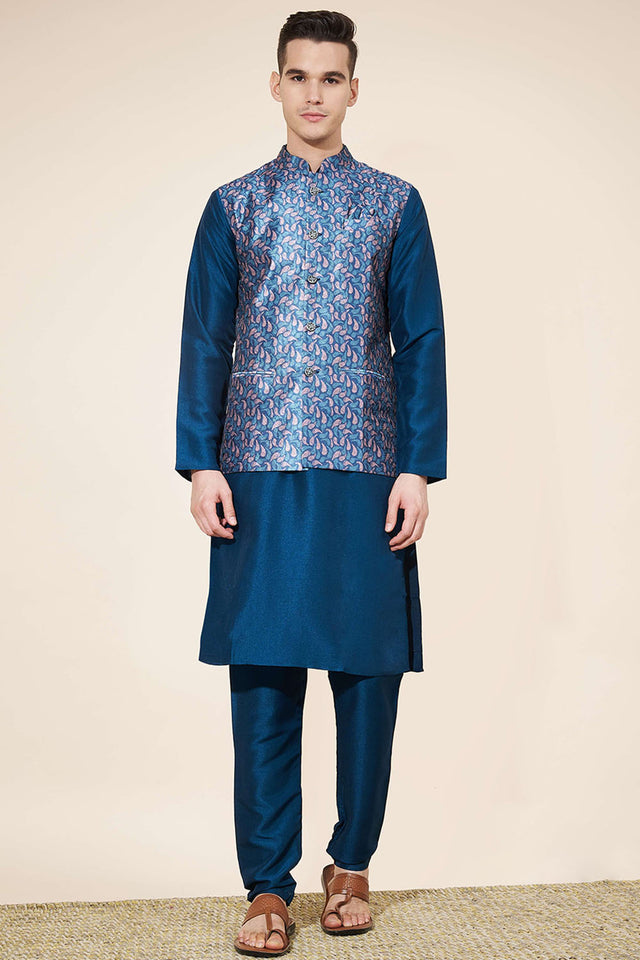 Blue Embroidered Silk Kurta Pajama Koti Set