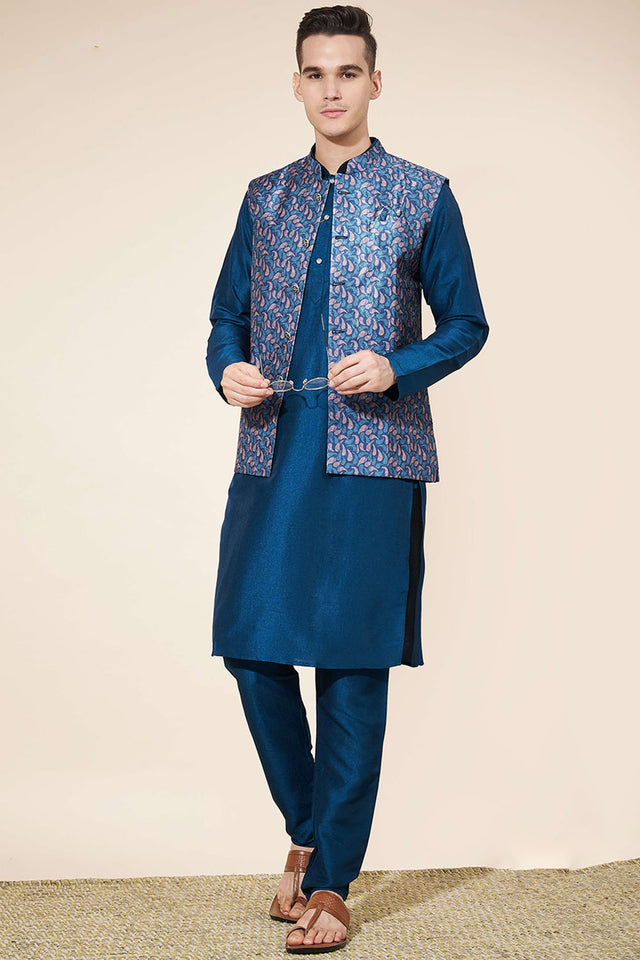 Blue Embroidered Silk Kurta Pajama Koti Set