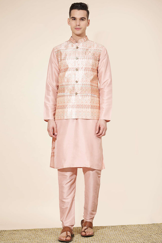 Peach Embroidered Silk Kurta Pajama Koti Set