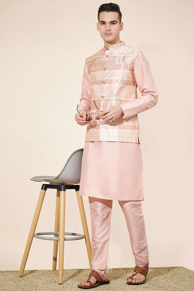 Peach Embroidered Silk Kurta Pajama Koti Set