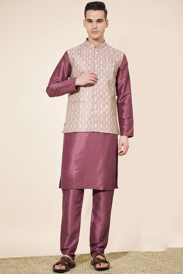 Pink Embroidered Silk Kurta Pajama Koti Set