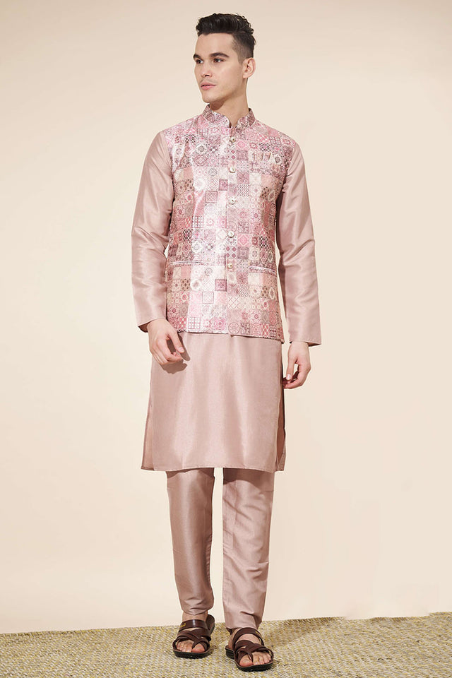 Pink Embroidered Silk Kurta Pajama Koti Set