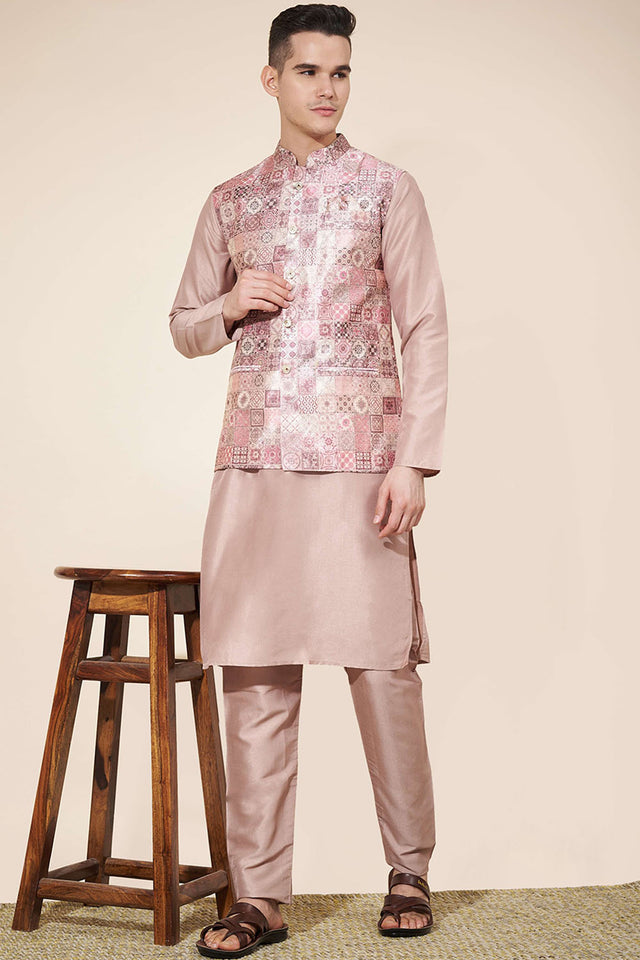 Pink Embroidered Silk Kurta Pajama Koti Set