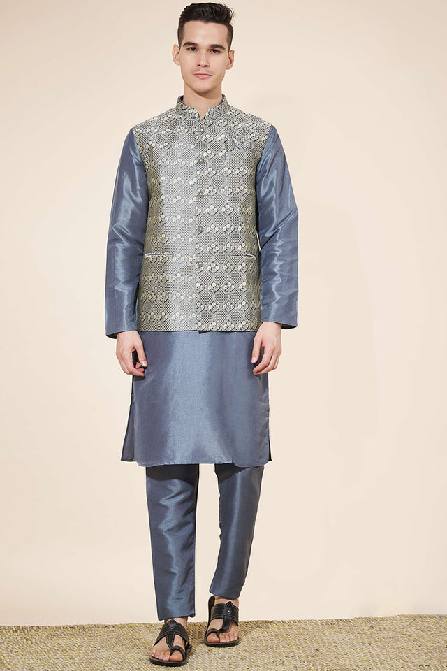 Grey Embroidered Silk Kurta Pajama Koti Set