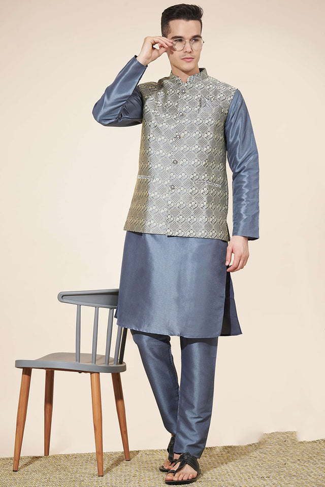 Grey Embroidered Silk Kurta Pajama Koti Set