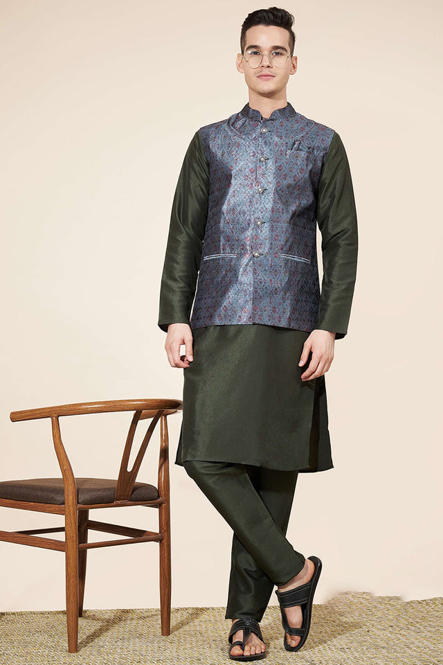 Green Embroidered Silk Kurta Pajama Koti Set