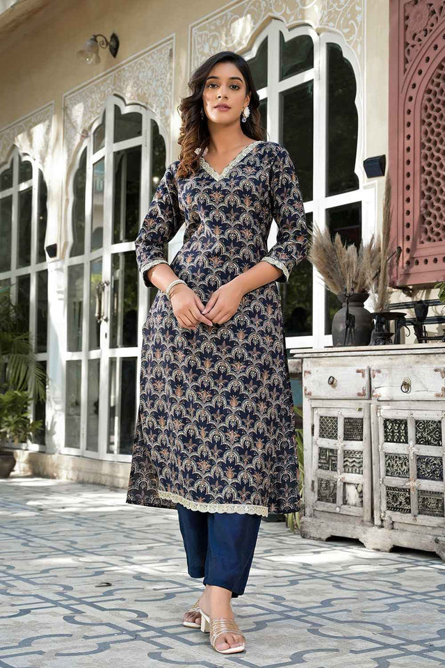 Blue Printed Zari Work Silk Kurti Pant Set (1717SETNB)