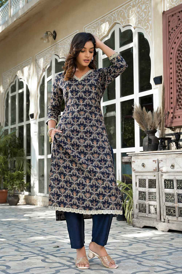 Blue Printed Zari Work Silk Kurti Pant Set (1717SETNB)