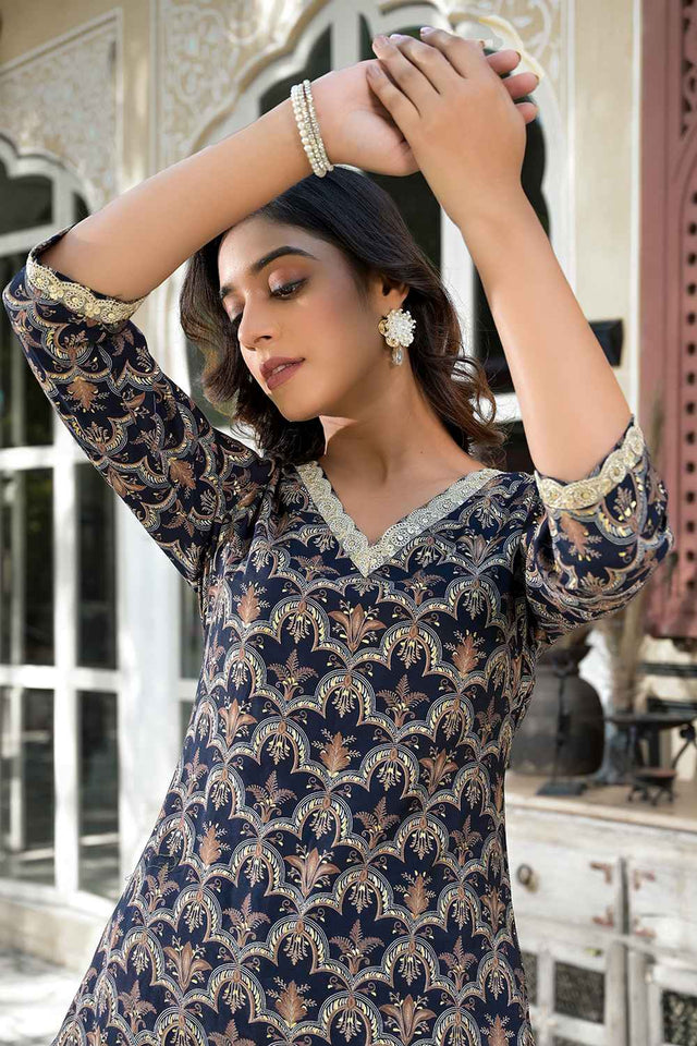 Blue Printed Zari Work Silk Kurti Pant Set (1717SETNB)