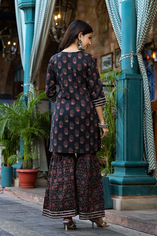 Black Floral Print Zari Work Pure Cotton Kurti Pant Set