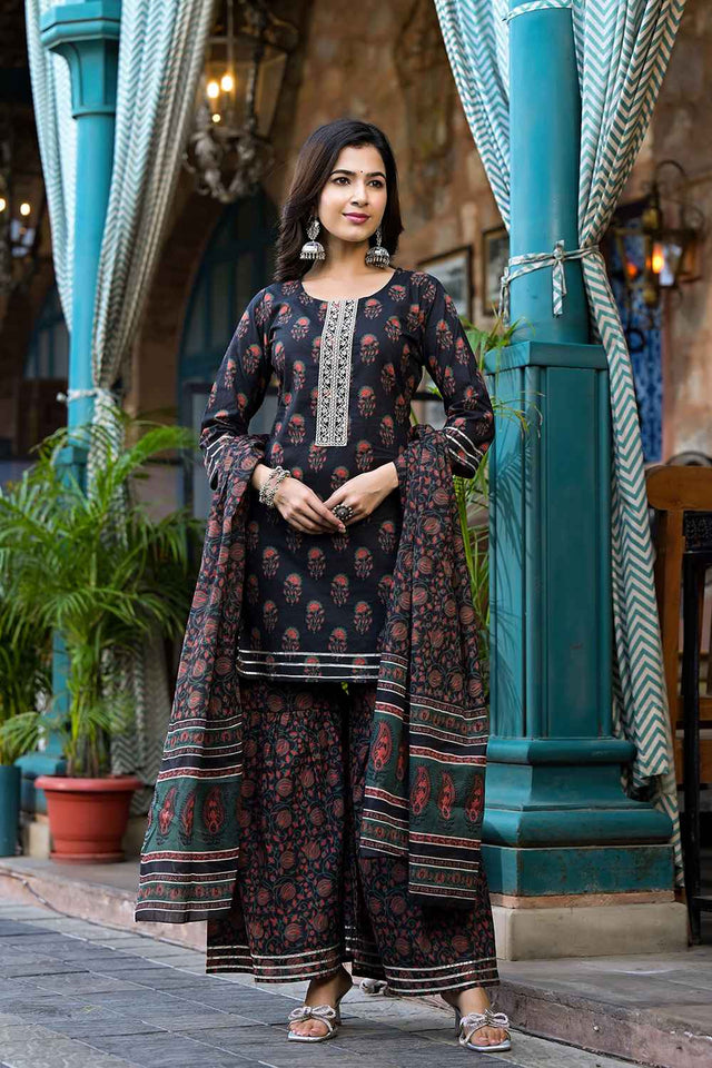 Black Floral Print Zari Work Pure Cotton Kurti Pant Set