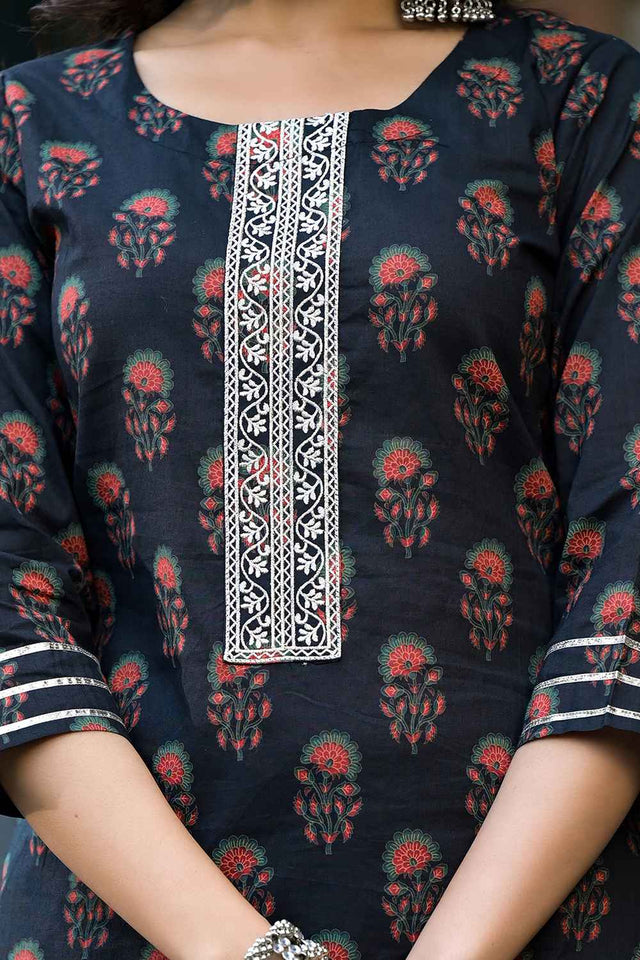 Black Floral Print Zari Work Pure Cotton Kurti Pant Set