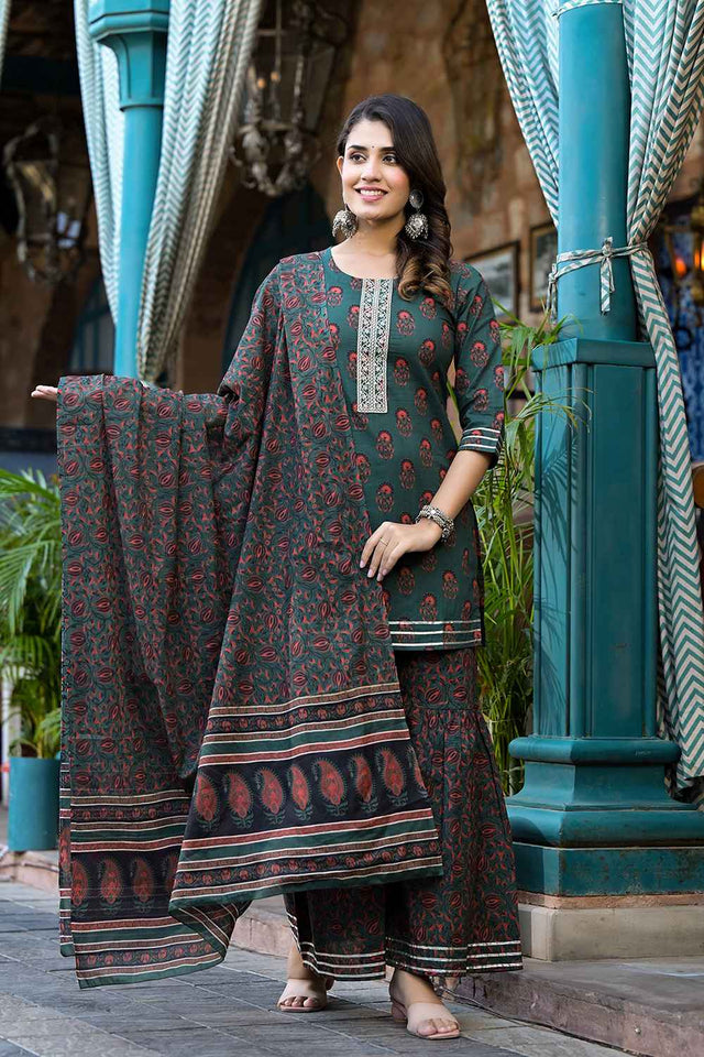 Green Floral Print Zari Work Pure Cotton Kurti Pant Set
