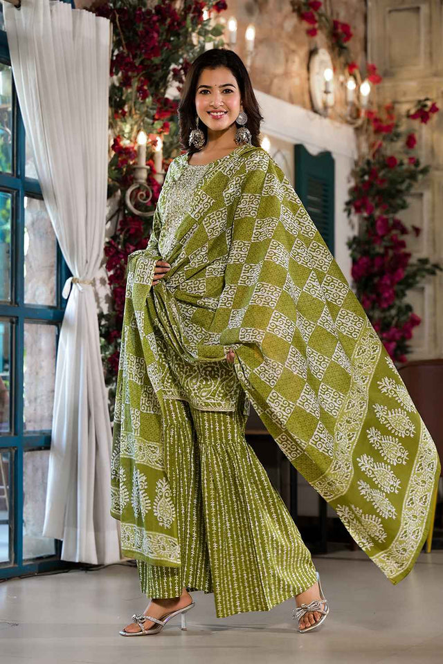 Olive Ethnic Motifs Zari Work Pure Cotton Kurti Pant Set