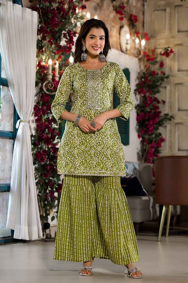 Olive Ethnic Motifs Zari Work Pure Cotton Kurti Pant Set