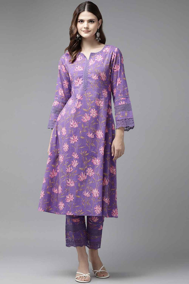 Violet Floral Print Pure Cotton Kurti Pant Set
