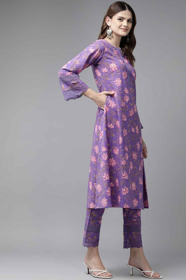Violet Floral Print Pure Cotton Kurti Pant Set